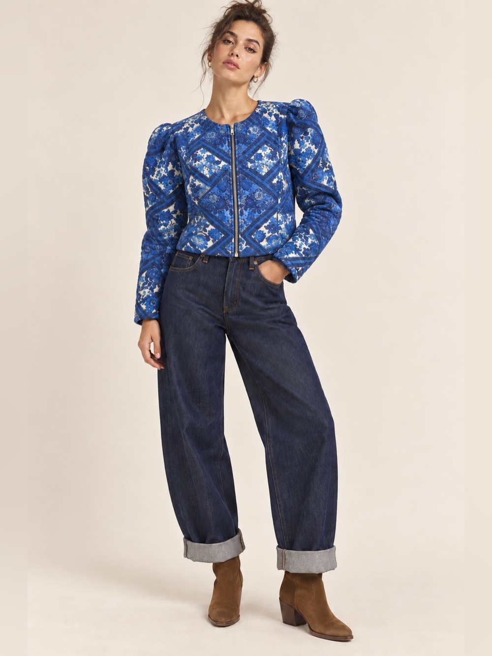 7 For All Mankind 100% cotton Blue Floral Quilted Cropped Puff Sleeve Jacket